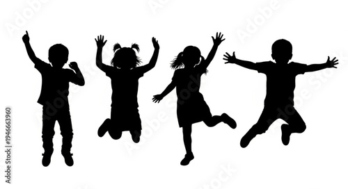 Children Silhouettes Jumping Happy.
