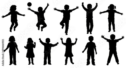 Children Silhouettes Playing Happy.