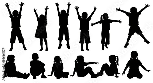Children Silhouettes Playing Happy.