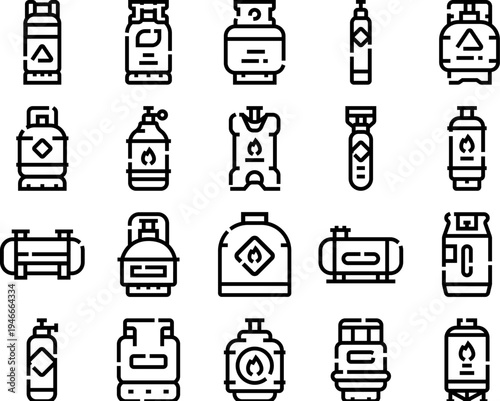 Gas cylinders and tanks containing flammable fuel, displaying various storage shapes and sizes as linear iconography for energy and industrial concepts