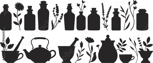 Large set of black apothecary bottle silhouettes and herbal tea icons including mortar and pestle, teapot, and dried flowers for holistic wellness branding.