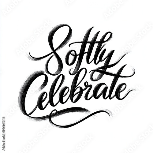 Handwritten calligraphy shows the phrase softly celebrate with bold strokes and elegant curves on a plain background