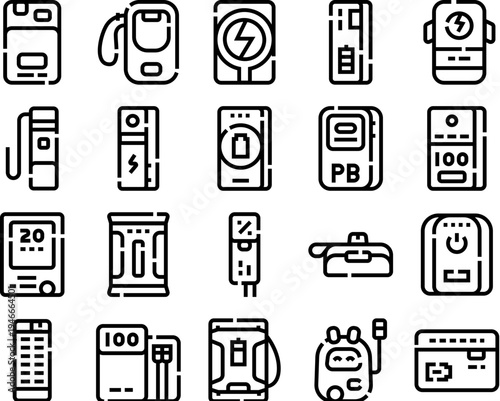 Portable power bank battery charger devices in various shapes and forms, providing energy to electronic gadgets and representing modern technology for charging on the go