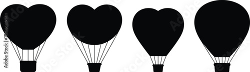 Set of black hot air balloon silhouettes with heart shapes and round envelopes isolated on white background for romantic travel and wedding design.