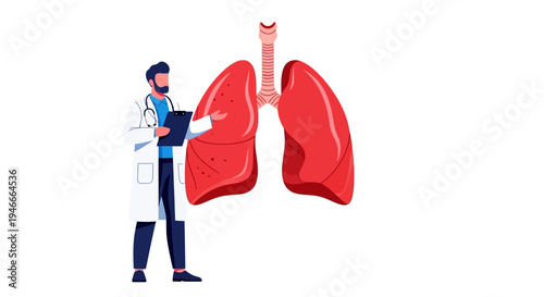 Illustration of a doctor examining lungs on a clipboard in a medical setting.