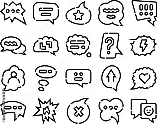 Set of vector outline glyph icons showing different forms of online communication, digital conversation, and social interaction through a variety of text and thought bubbles