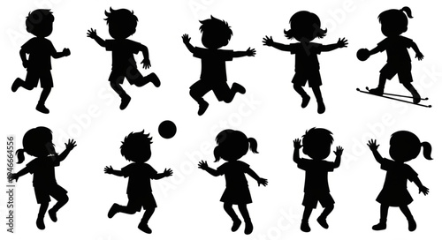 Children Silhouettes Playing Sports.