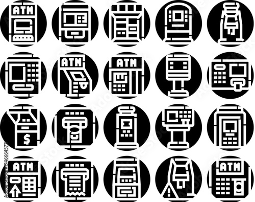 Collection of automated teller machine icons, depicting various designs and functionalities for banking services, cash withdrawals, deposits, and payment transactions