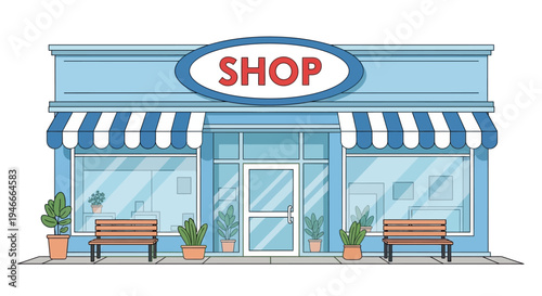 Illustration of a small blue shop with a striped awning and benches outside