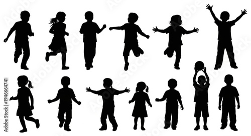 Children Silhouettes Playing Together.