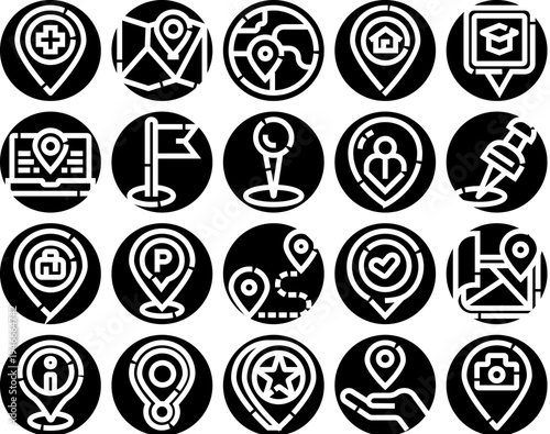 Collection of diverse location pin glyph icons representing various destinations and services, including medical, home, university, user, parking, and route tracking