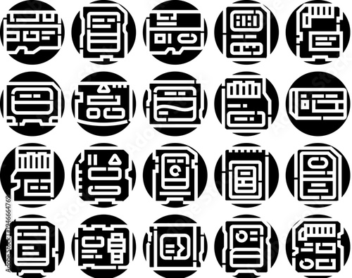 Collection of glyph icons depicting various types of digital memory cards and storage hardware, representing data retention, portable media, and electronic information