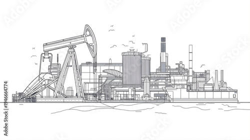An industrial scene depicting oil development with a pumpjack, oil storage tank, factory, and tanker ship, showcasing various stages of oil extraction, processing, and transportation in a simple line 