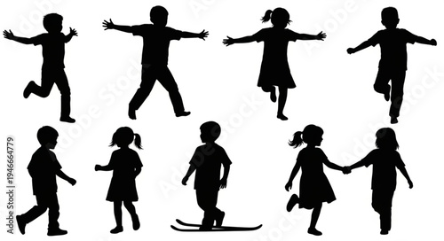 Children Silhouettes Playing Together.