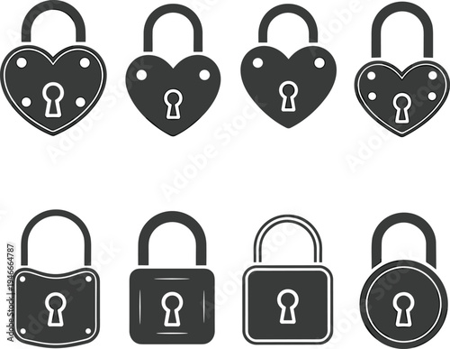 Set of vintage heart shaped padlocks and classic security locks icons in black silhouette style for romantic concepts safety protection and graphic design elements