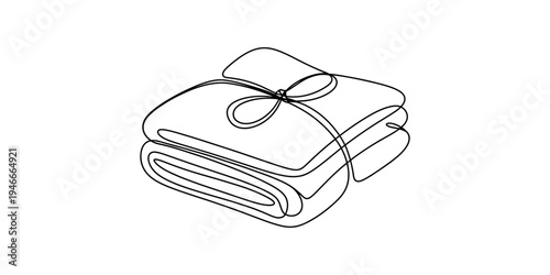 Continuous line drawing of a stack of folded fabric tied with a bow on white background. Vector, illustration