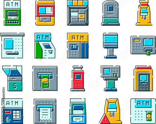 Automated teller machine icons illustrating banking, finance, and various cash withdrawal functions available for customers, facilitating transactions and financial management