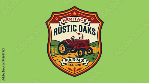 Heritage Rustic Oaks Farms Vintage Tractor Emblem.