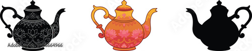 Traditional teapot vector set featuring ornate floral patterns colorful orange gradient and black silhouette icons isolated on white background for vintage tea party design projects.