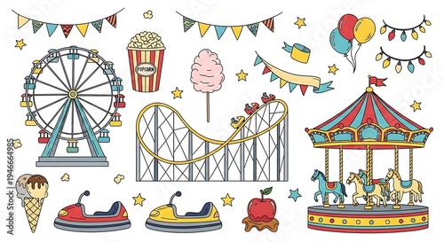 Vector illustration of a colorful carnival with rides and treats