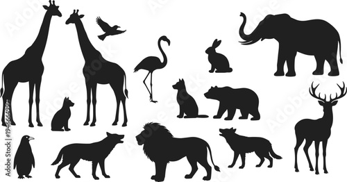 Vector collection of wild animal black silhouettes including elephant lion giraffe deer wolf and bear isolated on white background for nature wildlife and zoo design. (25 words)