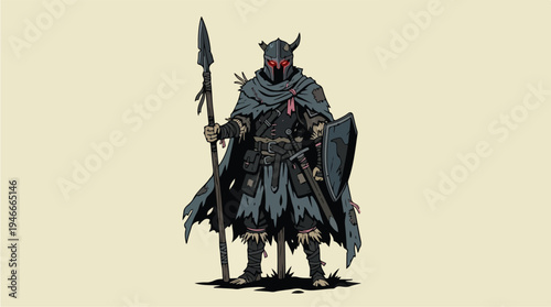 Illustration of a fantasy warrior with spear and shield.