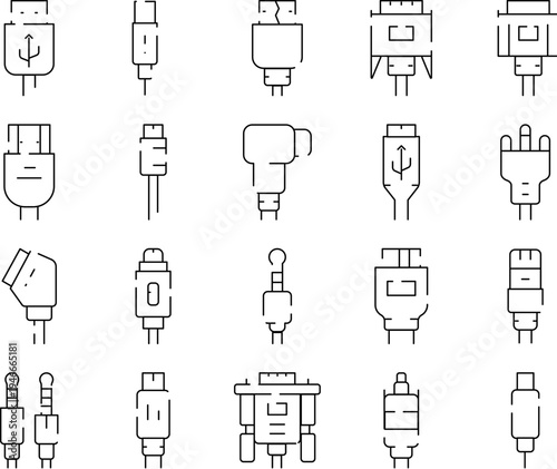 Various outline icons showing a collection of different computer peripheral connection cable plugs and digital connectors, representing modern hardware interface technology and networking solutions