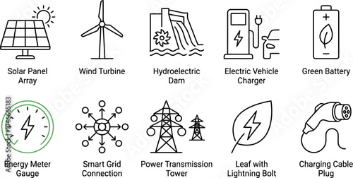 Renewable energy technology icons set with solar wind hydroelectric power and electric vehicles