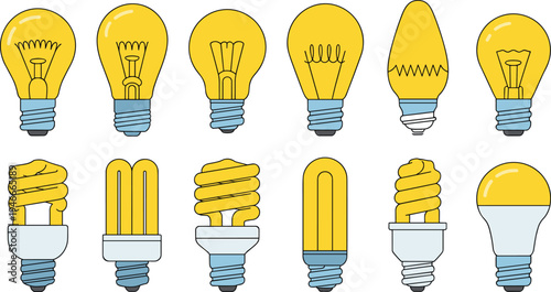 Yellow light bulb vector collection featuring incandescent halogen fluorescent and led lamp types isolated on white background for creative idea concept energy saving and electricity illustration.