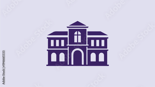 Illustration of a purple building facade with arched windows and a central tower.