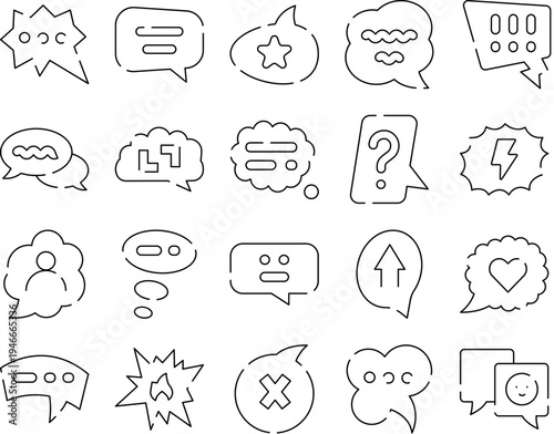 Collection of outline icons representing various speech bubbles, chat messages, thought clouds, and social media communication symbols for digital interfaces