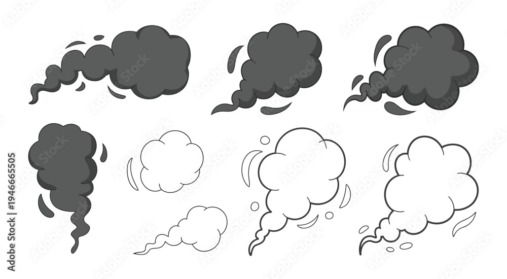 Obraz premium Smoke and Steam Cloud Vector Set, stylized dark gray and outline vapor illustrations