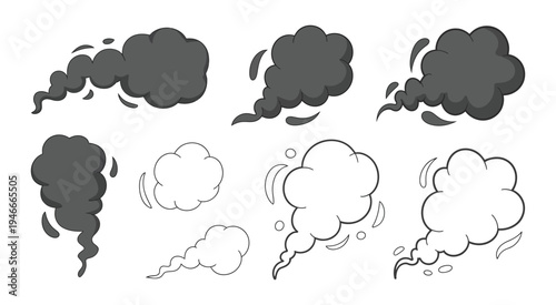 Smoke and Steam Cloud Vector Set, stylized dark gray and outline vapor illustrations