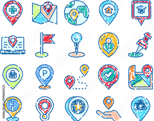 Location pins set with hand drawn, doodle style marking various places and destinations, illustrating concepts of navigation, travel, cartography, and global positioning