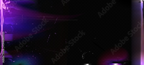 A dark and vibrant night scene with purple and blue lights shining brightly in the darkness