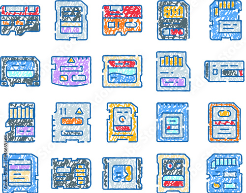 Collection of colorful hand drawn style icons depicting various memory cards, including sd cards, micro sd cards, and sim cards, representing digital data storage and electronic devices
