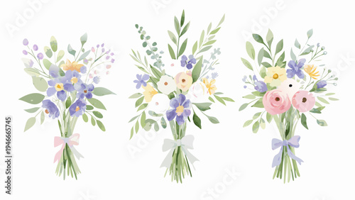 Watercolor floral bouquets with delicate blooms and ribbon accents