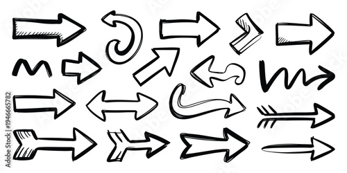 Hand drawn arrow doodles collection, sketchy black marker pen arrows in various curved and straight directions, creative pointer icons and directional symbols for infographics and graphic design.
