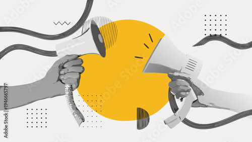 Two hands holding megaphones facing each other in a bold design