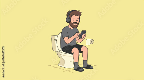 Man Sitting on Toilet Using Smartphone and Wearing Headphones.