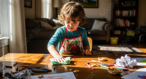 Young child cleaning up crayons and paper at home in sunlight  
