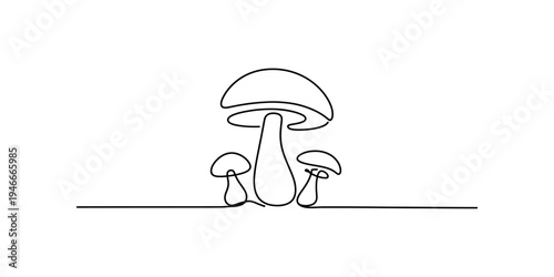 Minimalist continuous line drawing of three mushrooms of varying sizes on a white background. Vector, illustration