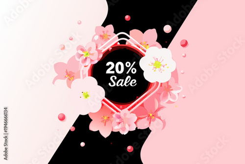 Floral advertisement announces a twenty percent discount with pink blossoms