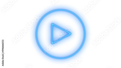 A vibrant blue neon glowing play button icon symbol in a circle, representing media playback, start, video, and audio applications, isolated on transparent background
