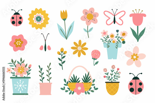 Colorful spring floral arrangement with butterflies and ladybugs illustration