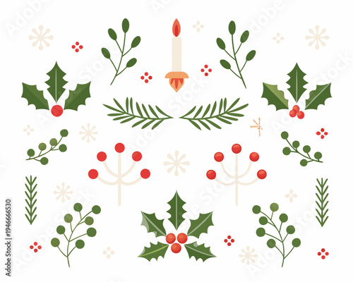 Festive arrangement of winter foliage berries snowflakes and a lit candle