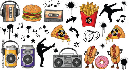 Urban Street Culture Vector Set with Boombox, Cassette Tape, Music Notes, Burger, Pizza, Donut, Fries and Hip Hop Dance Elements