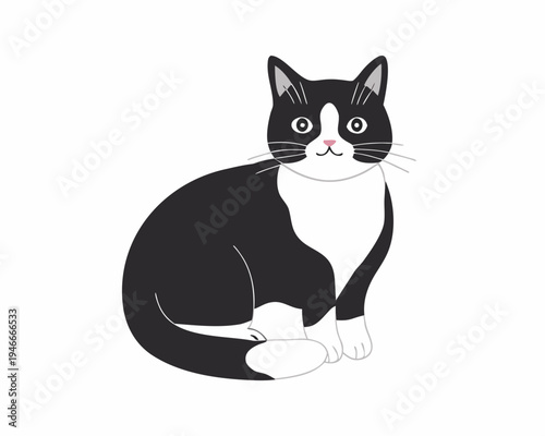 A charming illustration of a black and white tuxedo cat sitting calmly