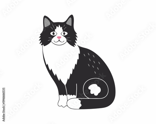 A charming black and white cartoon cat sits peacefully looking forward