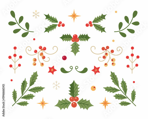 Festive christmas botanical arrangement with holly berries and sparkling stars